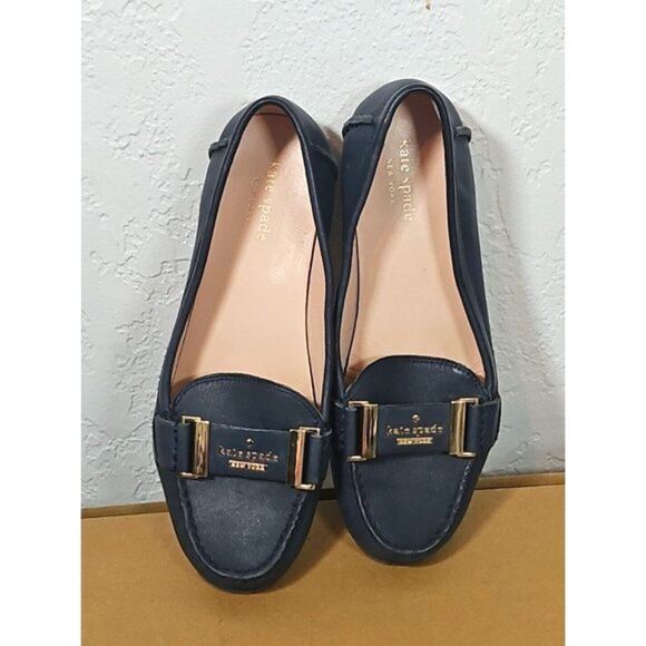 Kate Spade Navy Blue Leather Flat Slip On Loafers Size 7m Gold Logo Buckle - Picture 2 of 5